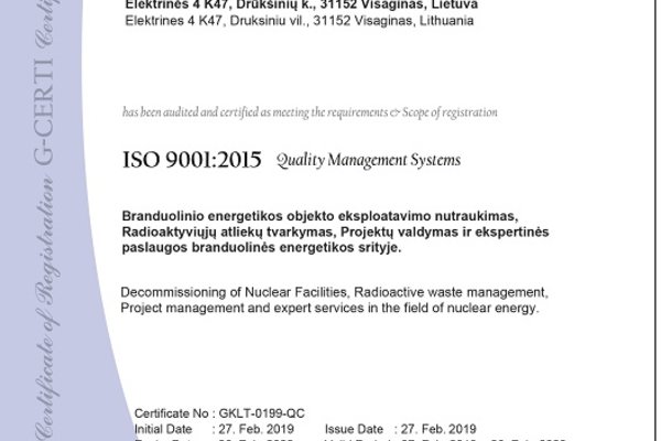Management system at the Ignalina NPP complies with ISO 9001: 2015
